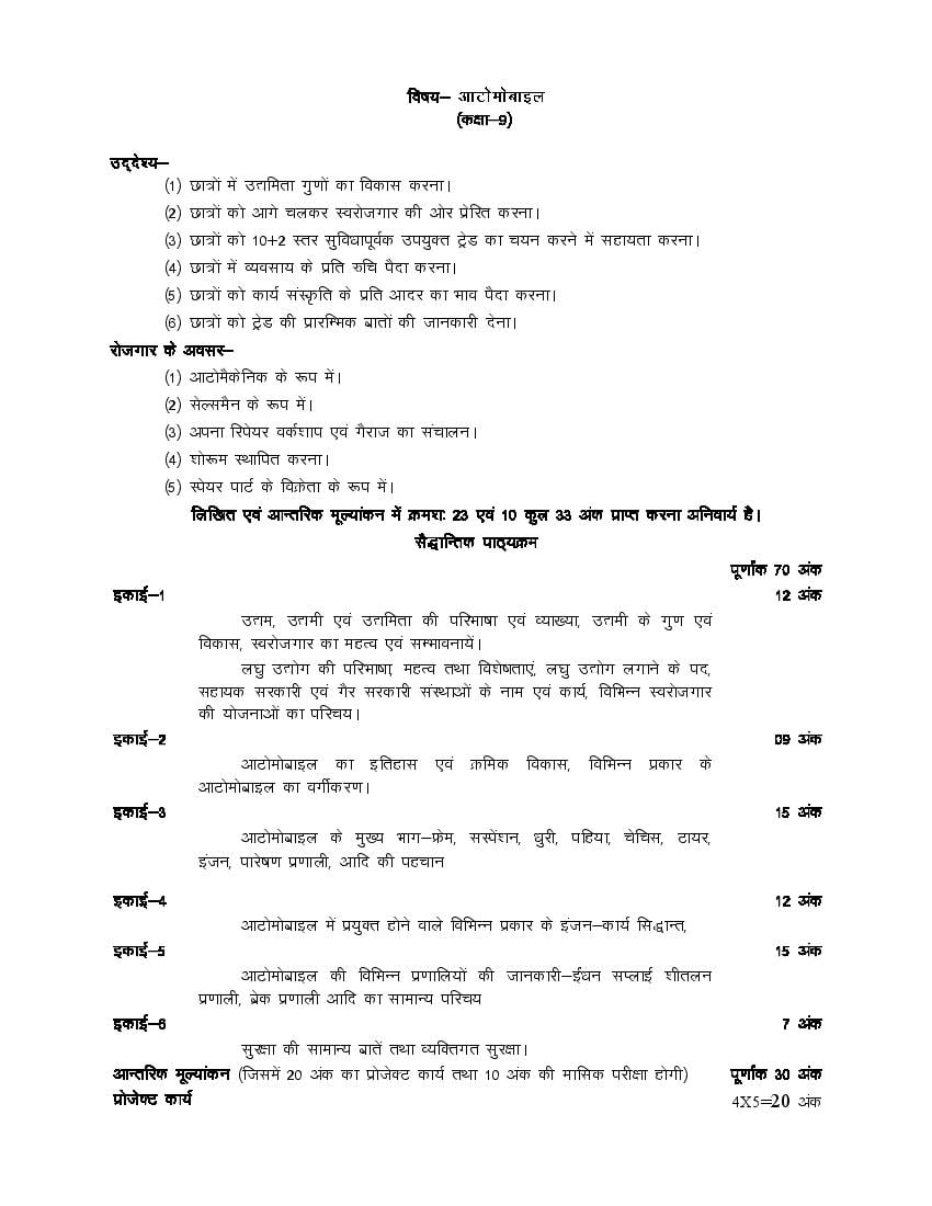 UP Board Class 9 Syllabus 2023 Automobile - Page 1