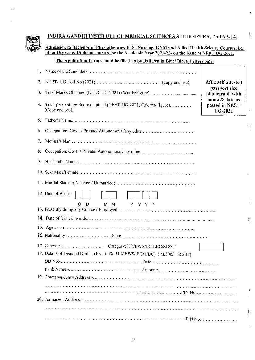 IGIMS Admission 2021 Application Form For B Sc Nursing Bachelor Of Physiotherapy GNM And 