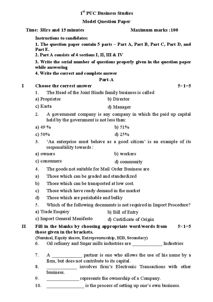 Karnataka 1st PUC Business Studies Model Question Paper 2023 (PDF)