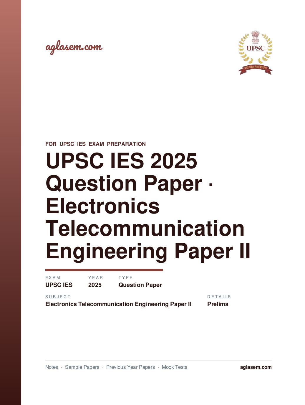 UPSC IES 2025 (Prelims) Question Paper for Electronics and Telecommunication Engineering Paper II - Page 1 of 33