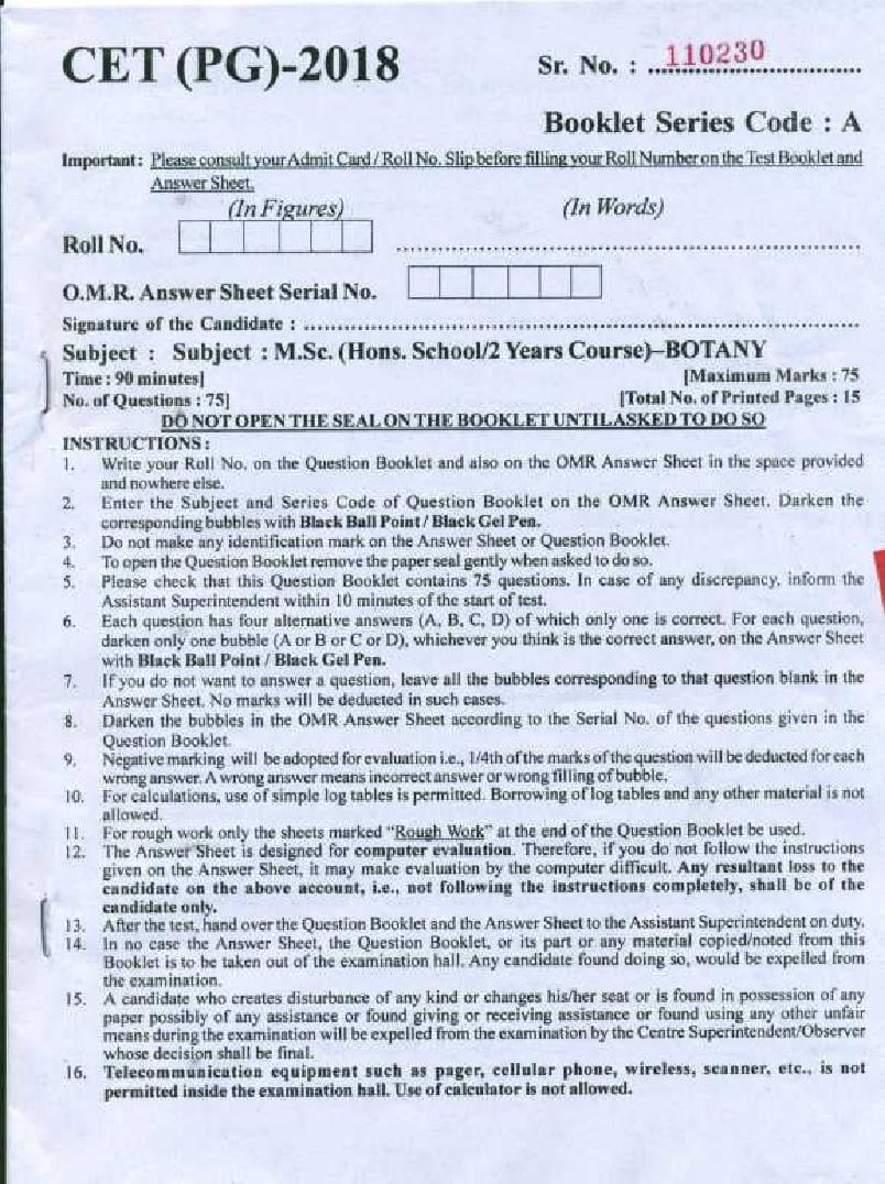 PU CET PG 2018 Question Paper M.Sc Hons 2 Year Course Botany - Page 1