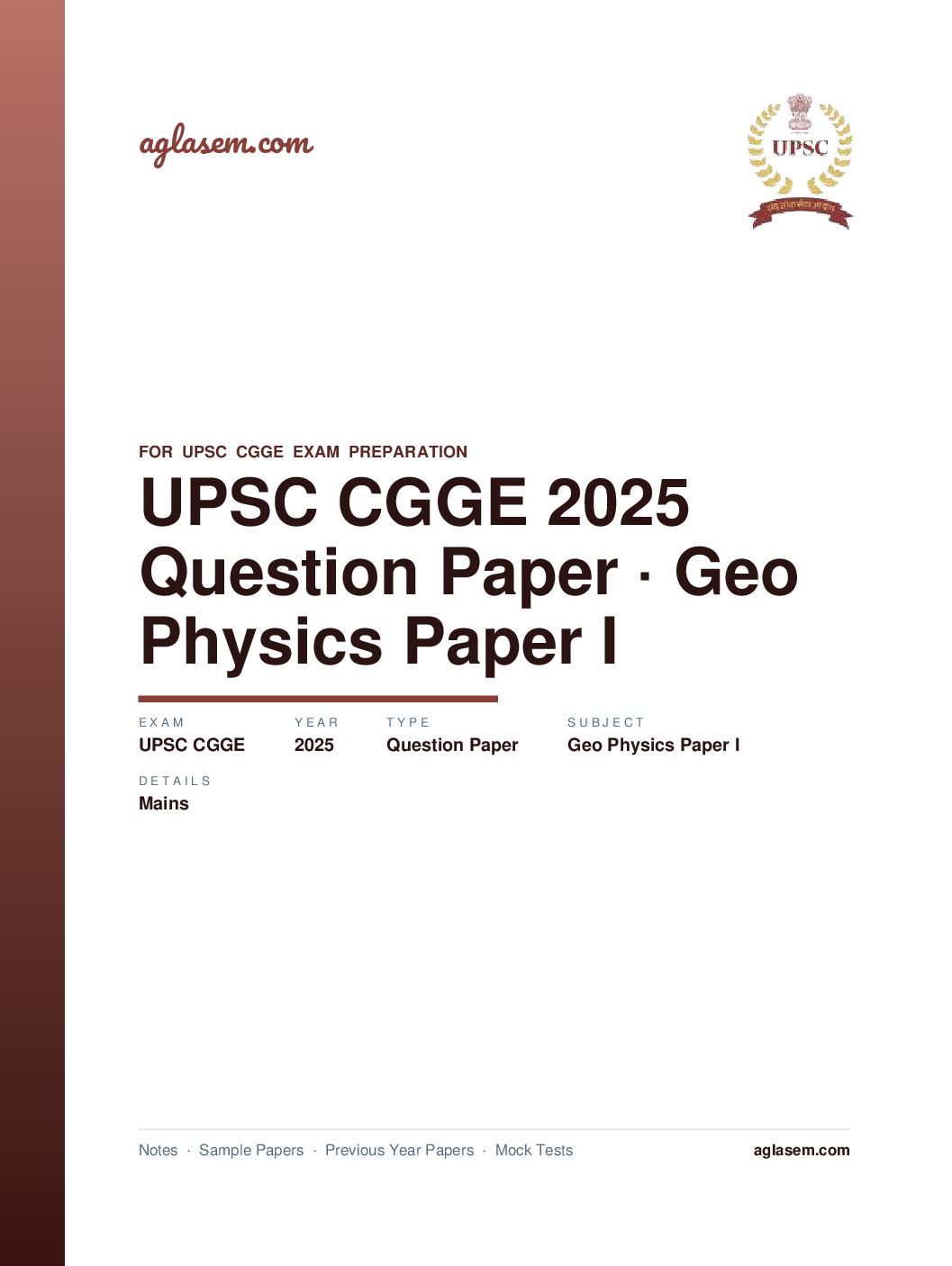 UPSC CGGE 2025 (Mains) Question Paper Geo-Physics Paper I - Page 1 of 7