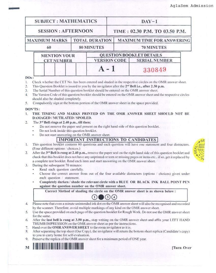 KCET 2015 Question Paper Maths - Page 1