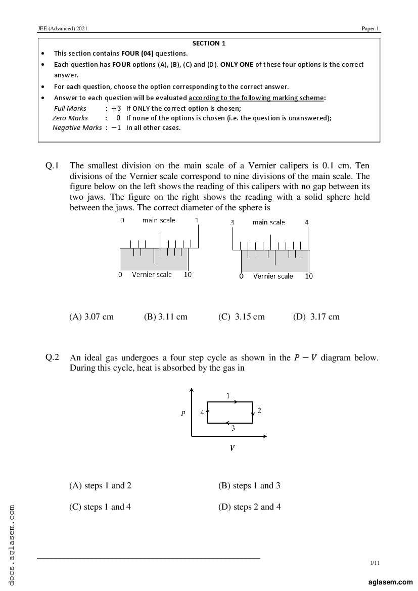 JEE Advanced 2021 Question Paper 1 - Page 1