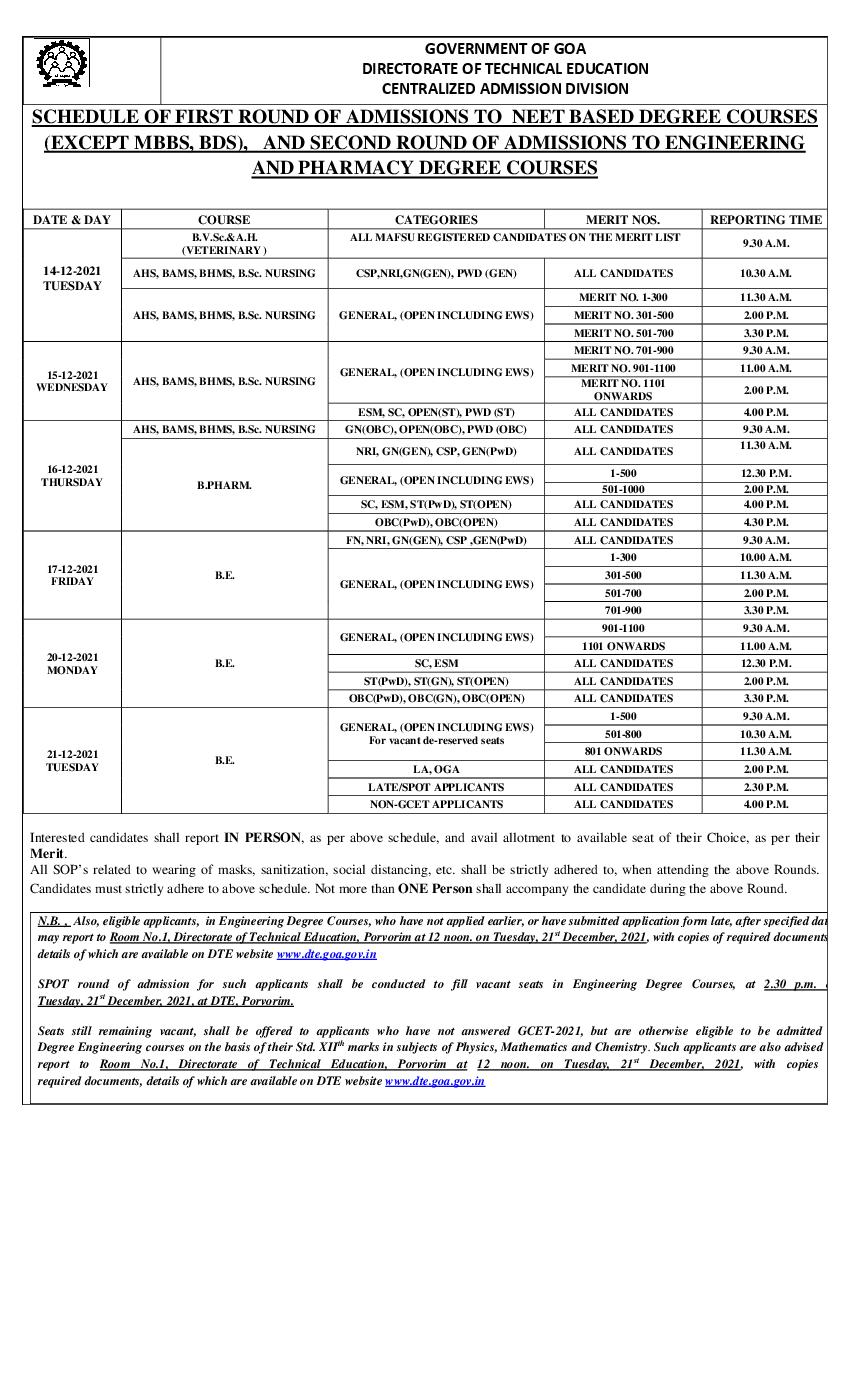 Goa NEET Based Degree Courses (Except MBBS, BDS) Admission 2021 1st Round Counselling Schedule - Page 1