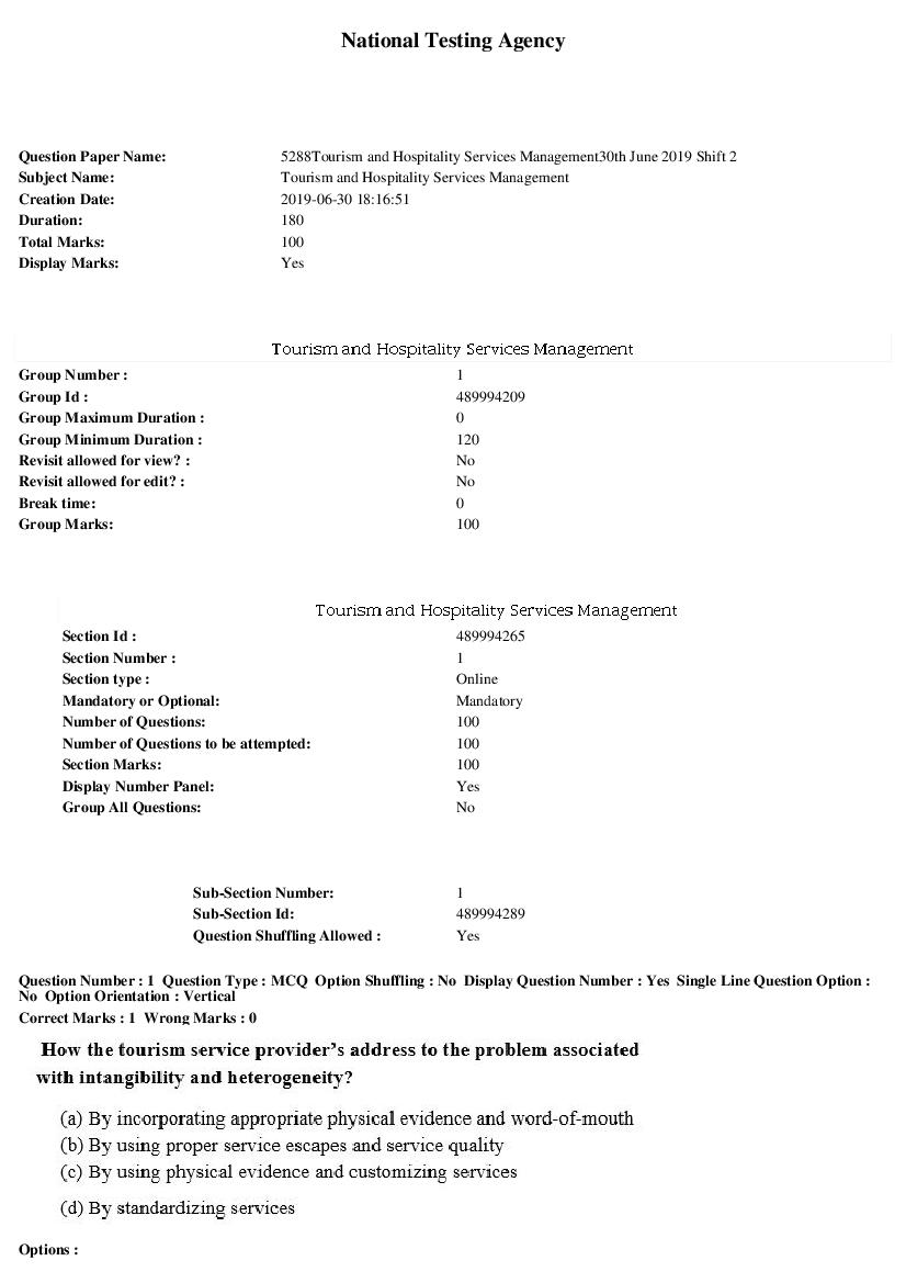 ARPIT 2019 Question Paper for Tourism and Hospitality Services Management Shift 2 - Page 1 of 36