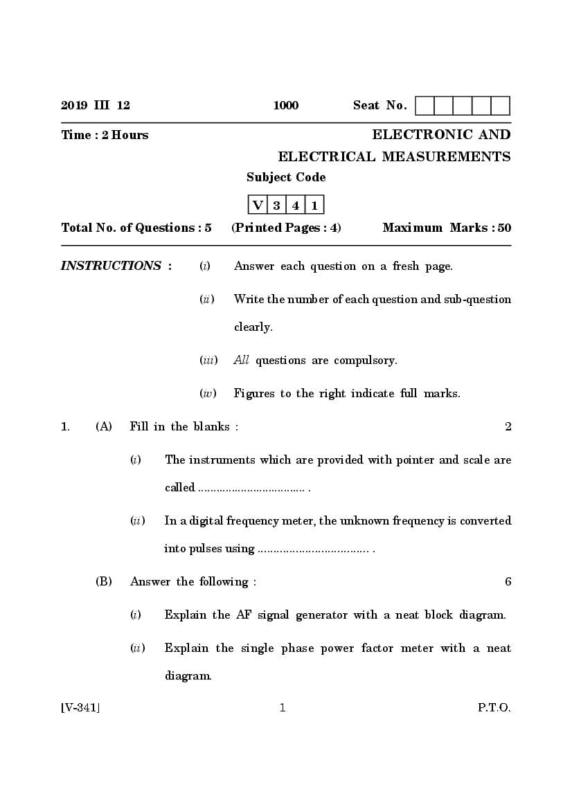 Goa Board Class 12 Question Paper Mar 2019 Electronic and Electrical Measurements - Page 1