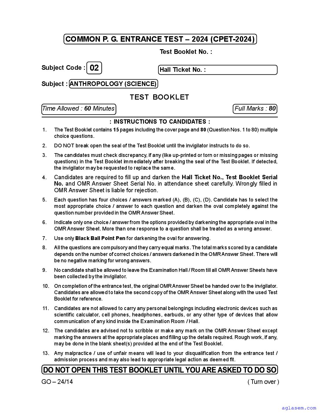 Odisha CPET 2024 Question Paper Anthropology Science - Page 1 of 15