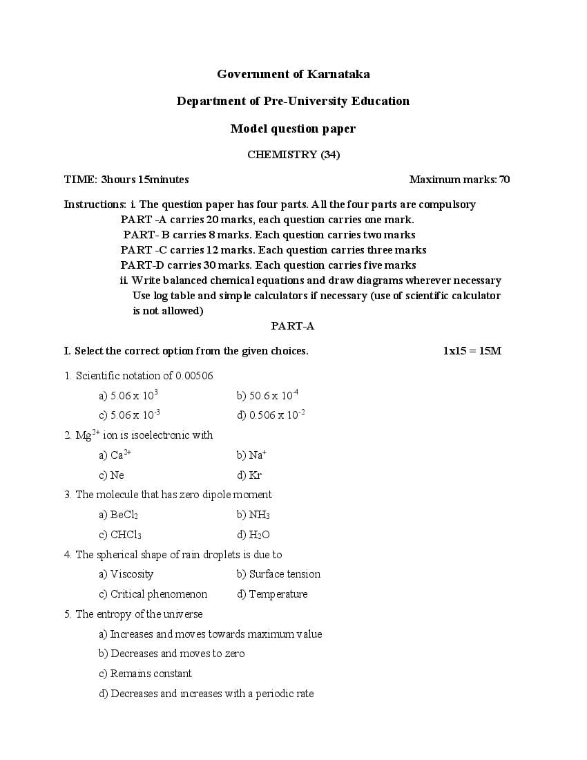 Karnataka 1st PUC Chemistry Model Question Paper 2023 (PDF)
