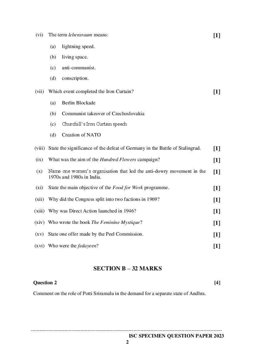ISC History Specimen Paper 2024 (PDF) CISCE Class 12 History Sample Paper