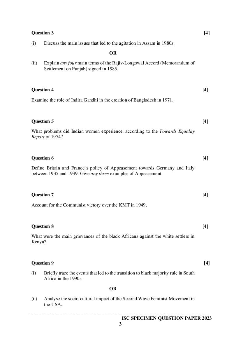 ISC History Specimen Paper 2024 (PDF) CISCE Class 12 History Sample Paper