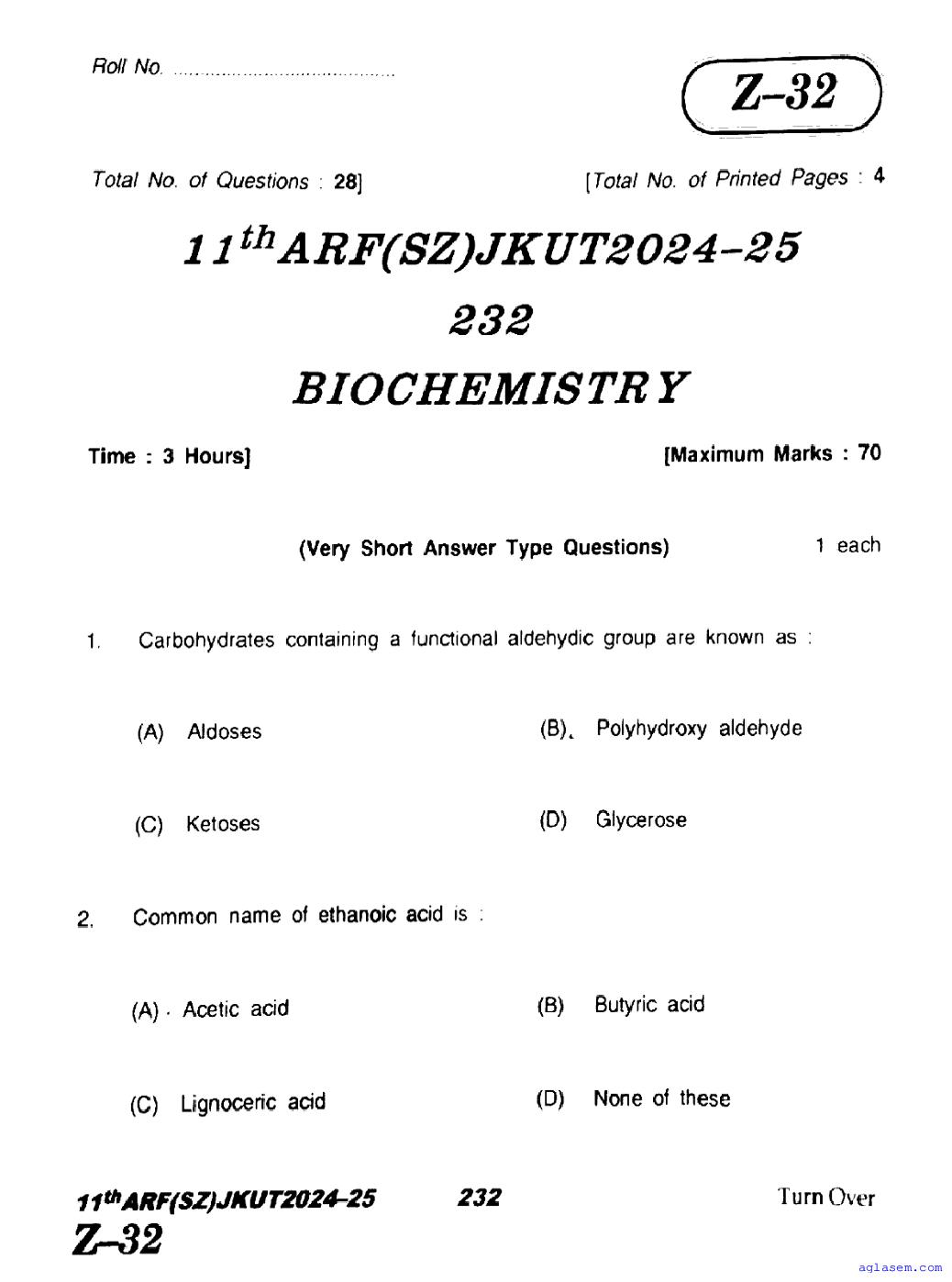 JKBOSE Class 11th Question Paper 2025 Biochemistry - Page 1 of 4