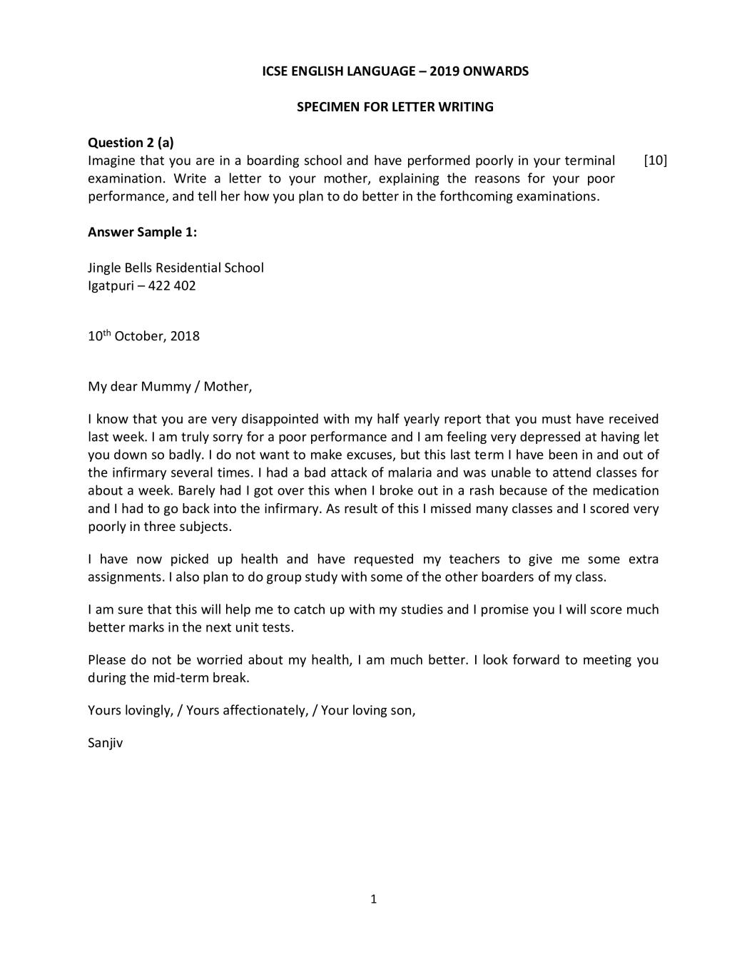 ICSE Class 10 Specimen Paper 2019 for Letter Writing  - Page 1