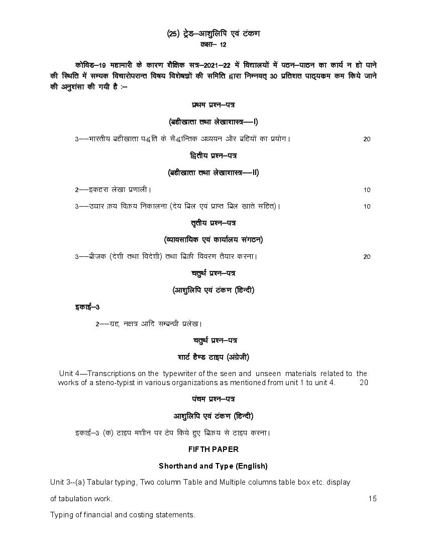 UP Board Class 12 Syllabus 2022 Trade Shorthand & Typewriting Hindi - Page 1