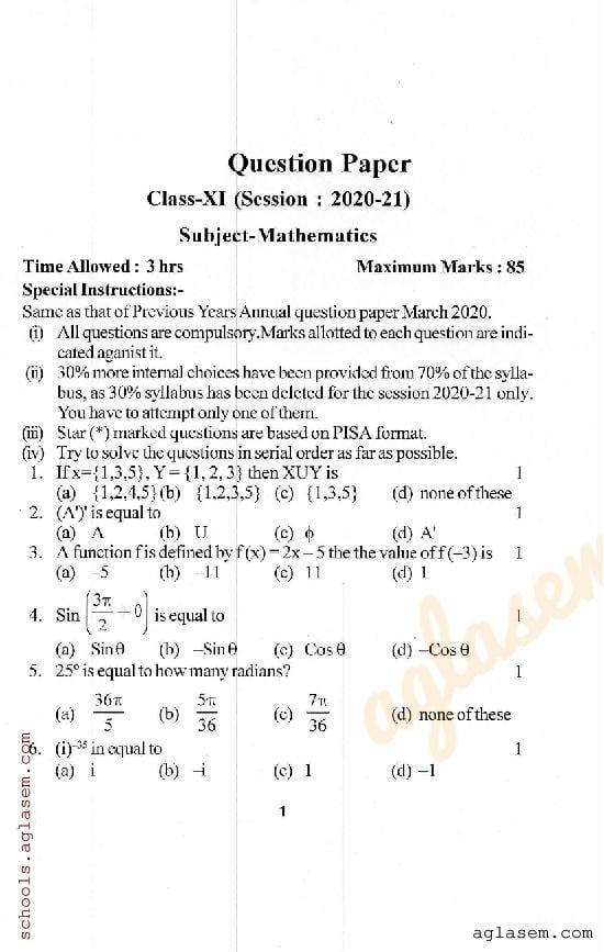 HP Board Class 11 Question Paper 2021 Maths - Page 1