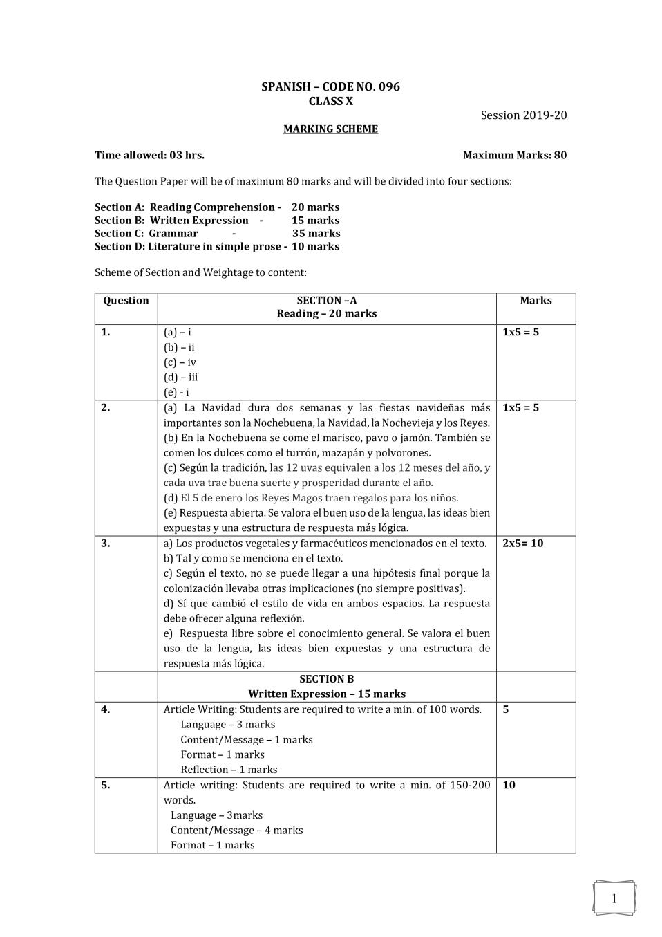 CBSE Class 10 Marking Scheme 2020 for Spanish - Page 1