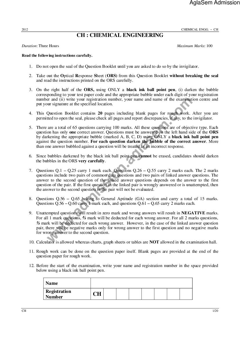 GATE 2012 Question Paper for CH - Chemical Engineering - Page 1