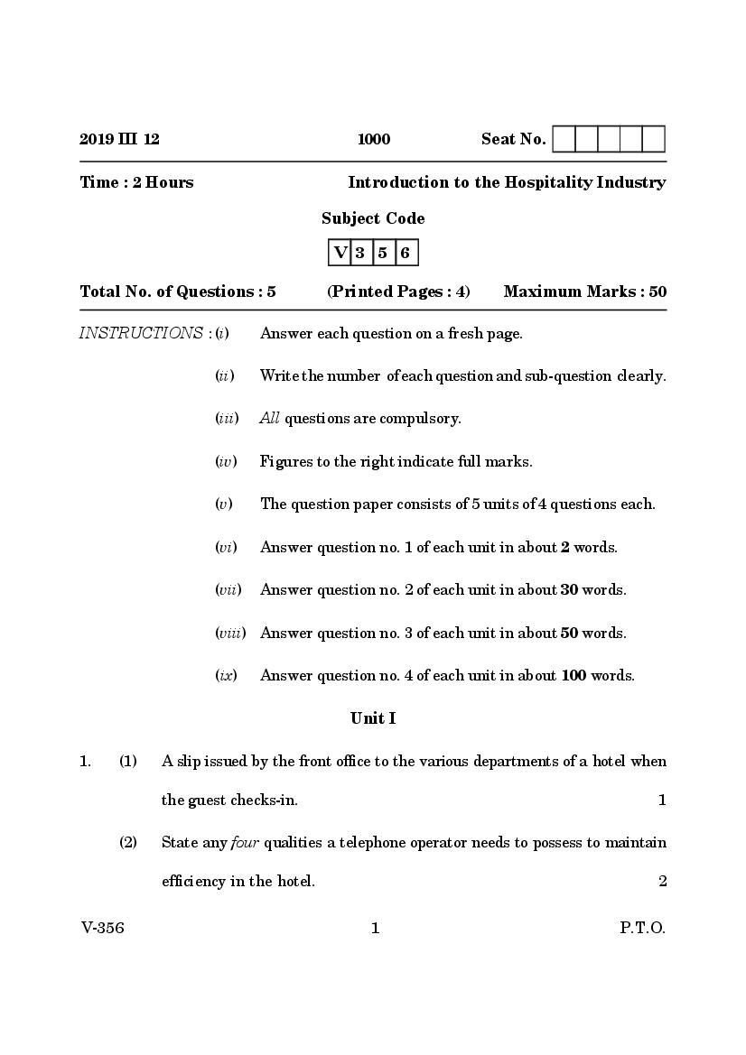 Goa Board Class 12 Question Paper Mar 2019 Introduction to the Hospitality Industry - Page 1