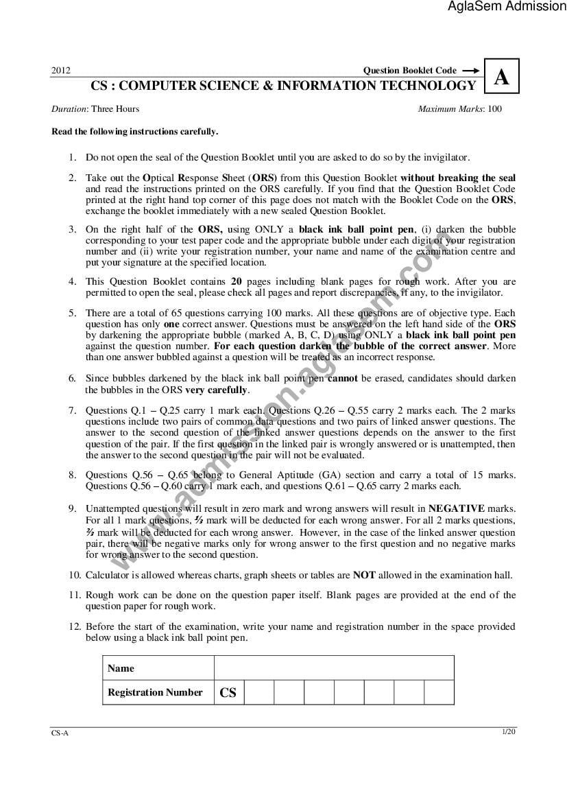 GATE 2012 Question Paper for CS - Computer Science _ Information Technology - Page 1