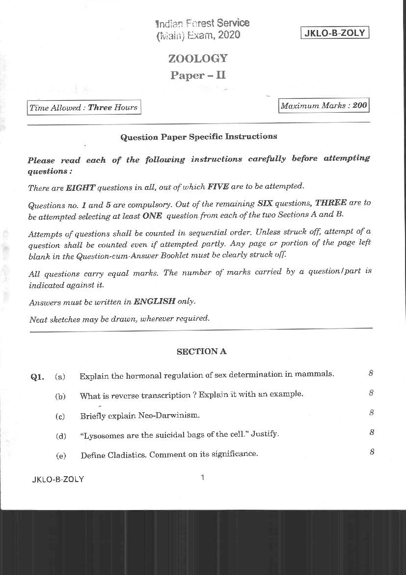 UPSC IFS 2020 Question Paper for Zoology Paper II - Page 1