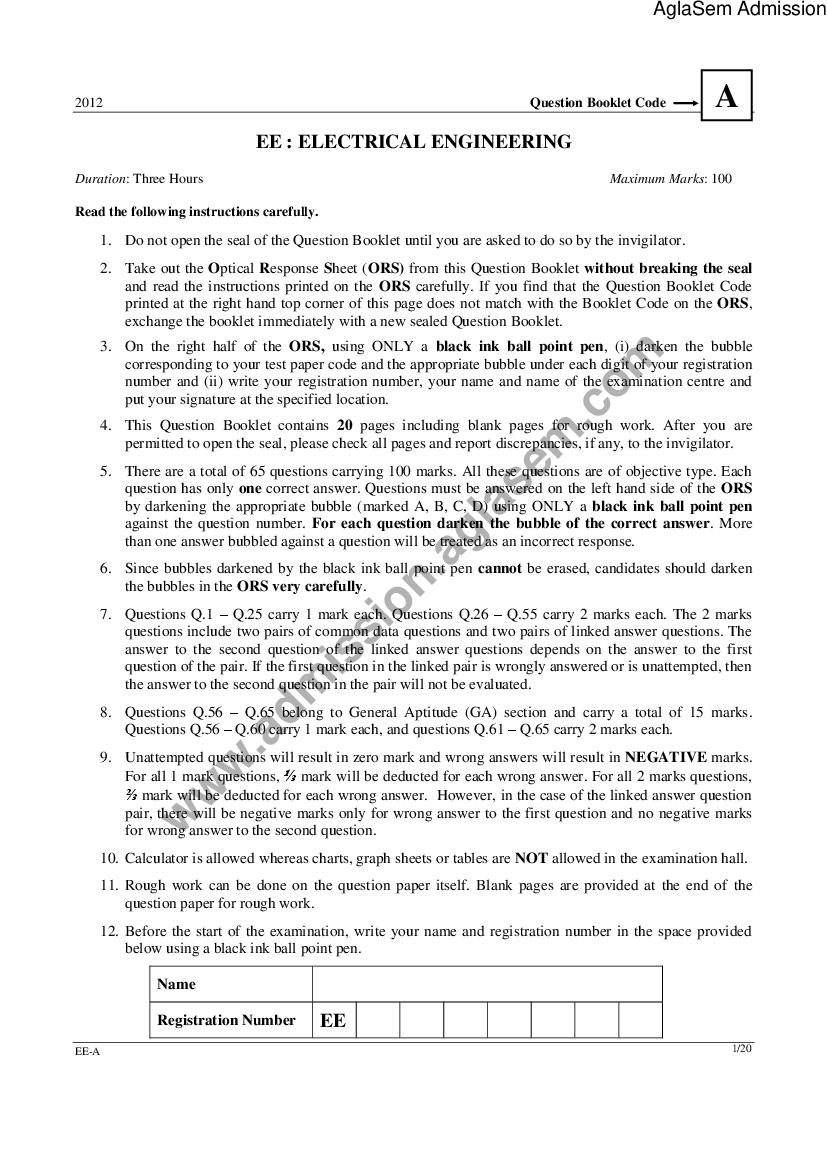 GATE 2012 Question Paper for EE - Electrical Engineering - Page 1