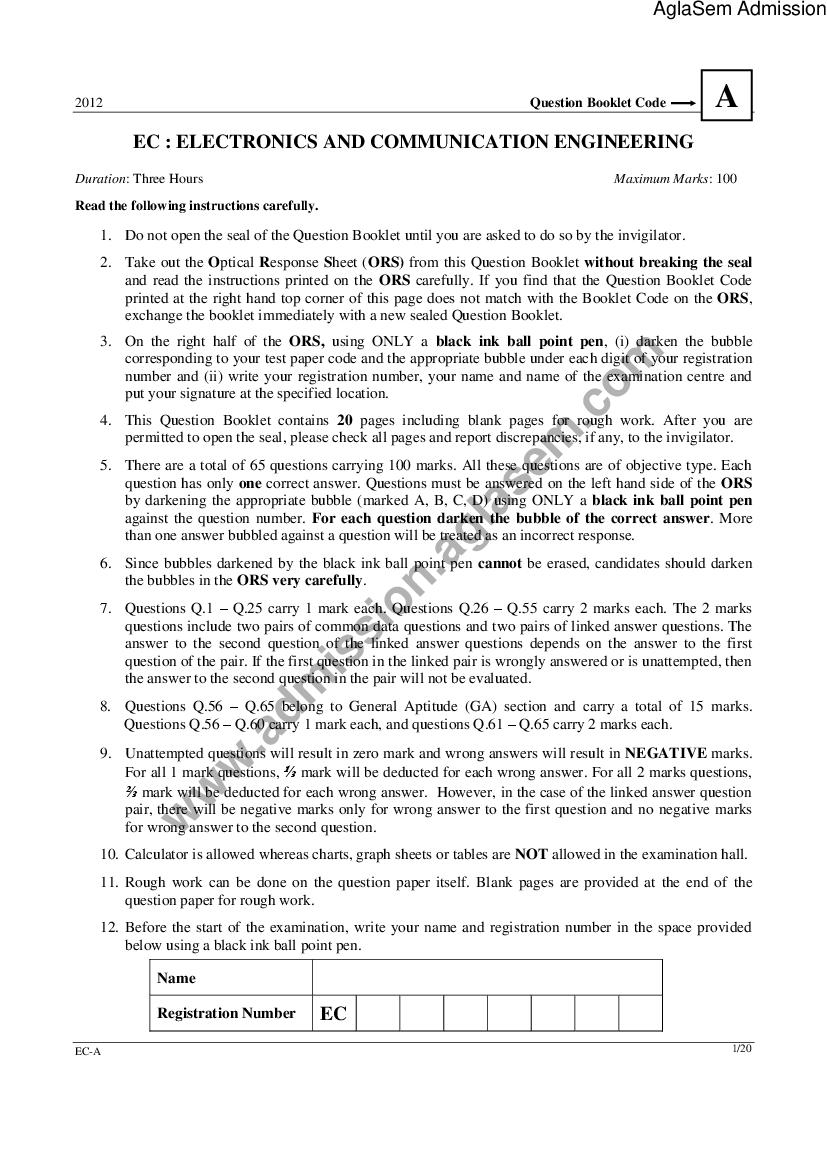 GATE 2012 Question Paper for EC - Electronics and Communication Engineering - Page 1