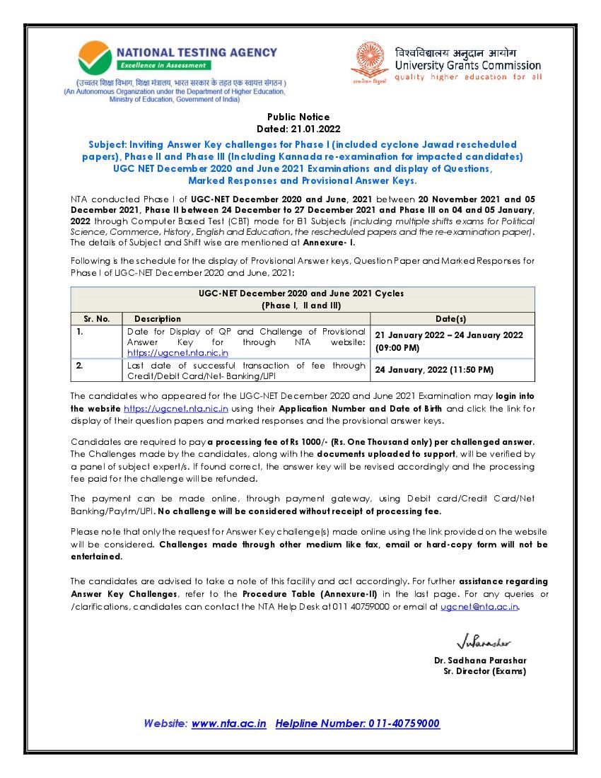 UGC NET Answer Key 2021 - Notice - Page 1