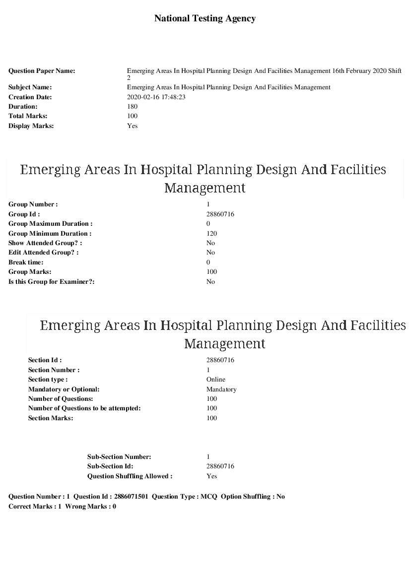 ARPIT 2020 Question Paper for Emerging Areas In Hospital Planning Design & Facilities Management Shift 2 - Page 1