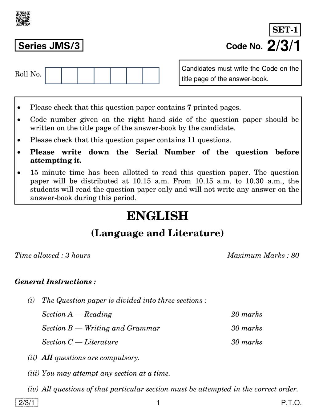 CBSE Class 10 English Language and Literature Question Paper 2019 Set 3 - Page 1