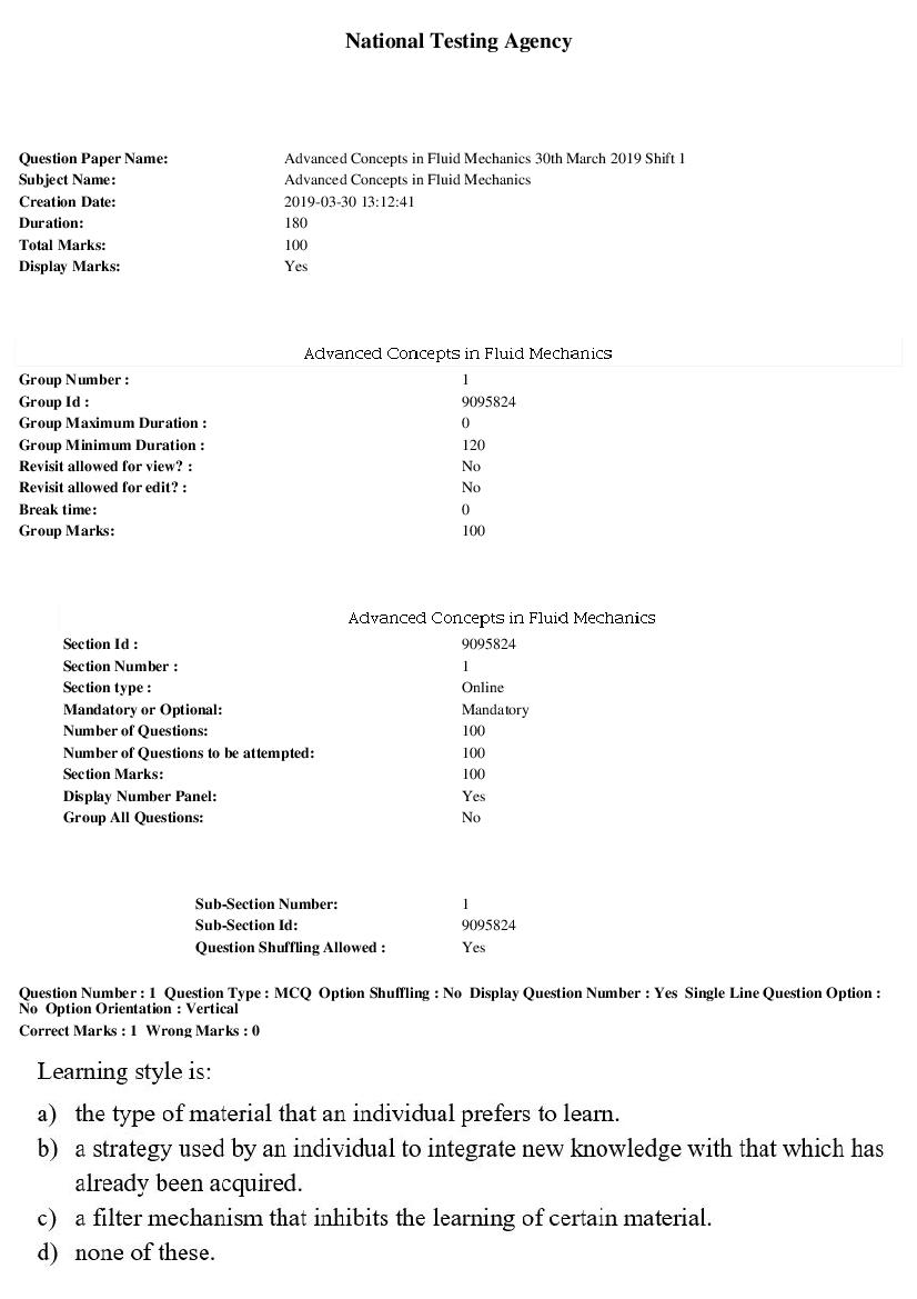 ARPIT 2019 Question Paper for Advanced Concepts in Fluid Mechanics Shift 1 - Page 1 of 37