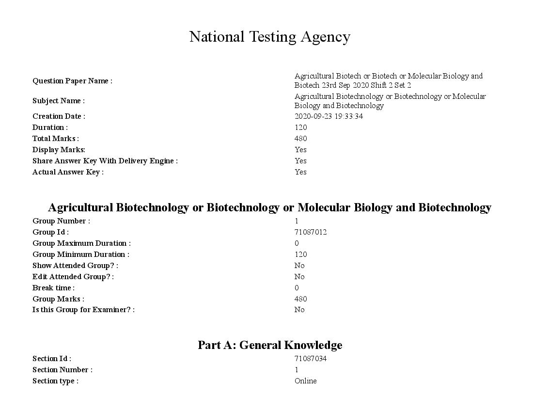 AICE JRF SRF 2020 Question Paper Agricultural Biotech or Molecular Biology and Biotech - Page 1 of 12