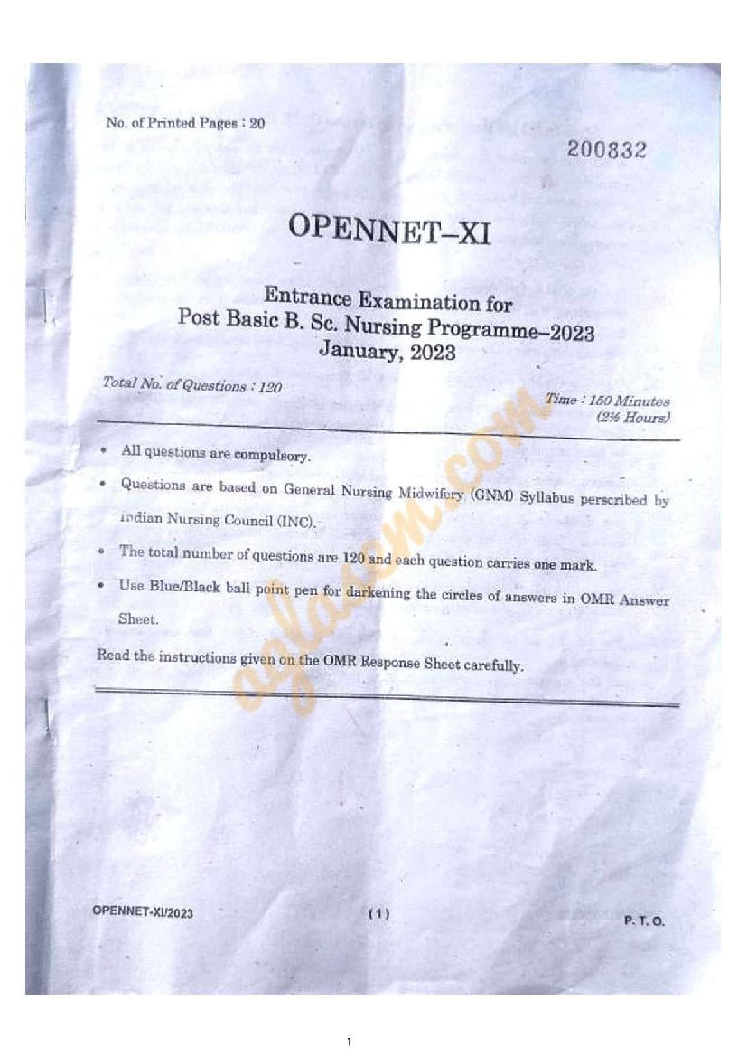 IGNOU OPENNET 2023 Question Paper - Post Basic B.Sc Nursing - Page 1