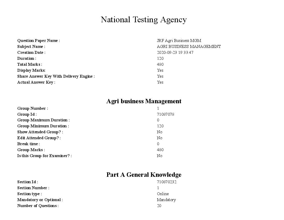 AICE JRF SRF 2020 Question Paper Agri Business Management - Page 1