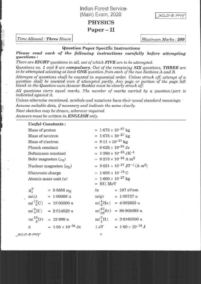 UPSC IFS 2020 Question Paper for Physics Paper II - Page 1
