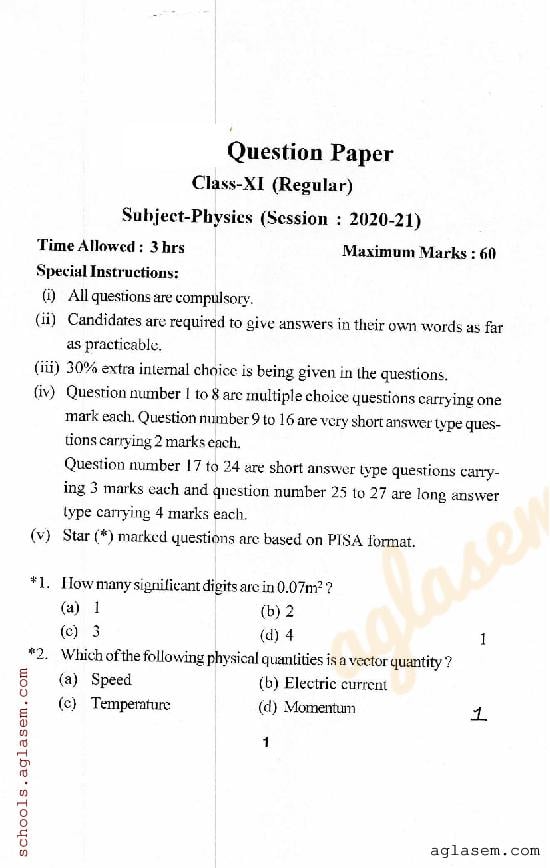 HP Board Class 11 Question Paper 2021 Physics - Page 1