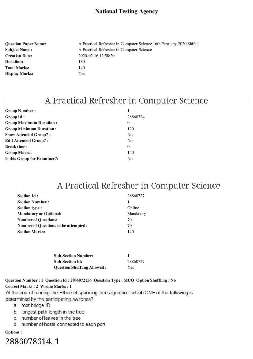 ARPIT 2020 Question Paper for A Practical Refresher in Computer Science Shift 1 - Page 1