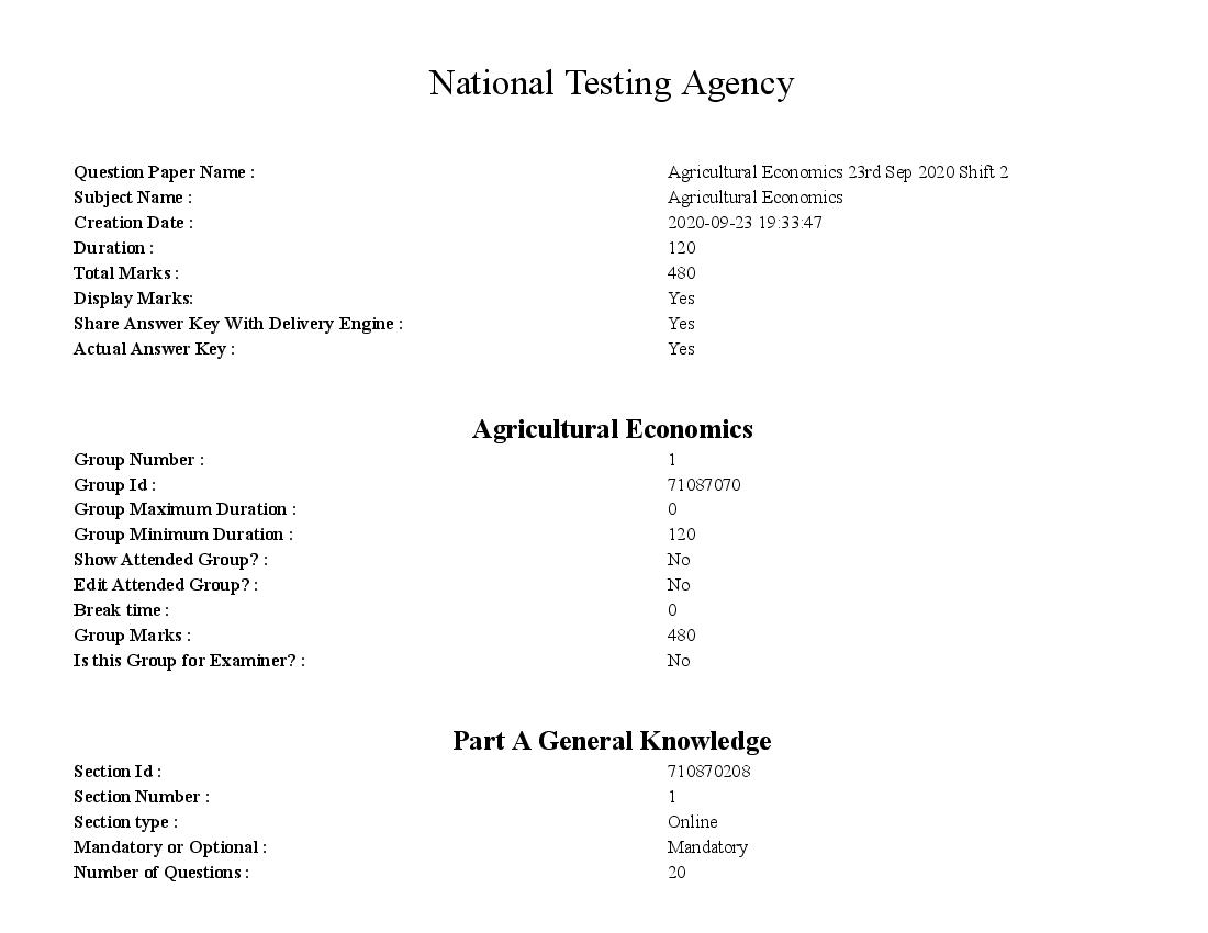 AICE JRF SRF 2020 Question Paper Agricultural Economics - Page 1 of 72