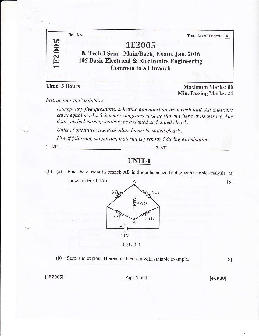 RTU 2016 Question Paper Semester I Basic Electrical & Electronics Engineering - Page 1