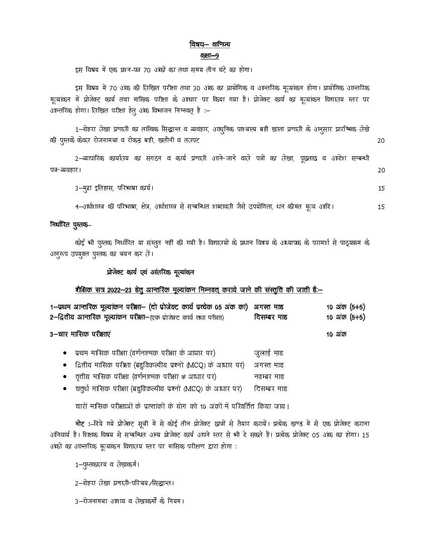 UP Board Class 9 Syllabus 2023 Commerce - Page 1