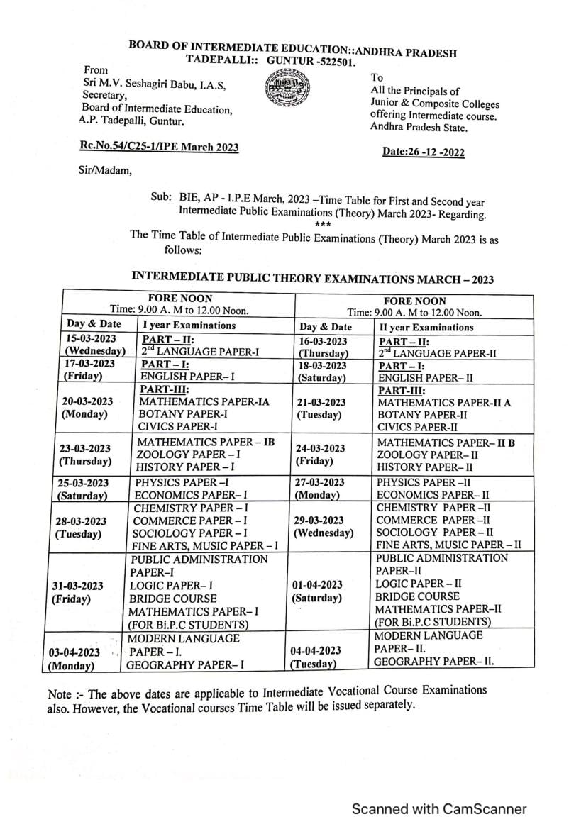 AP Inter 2nd Year Time Table 2023 (Old) - Page 1