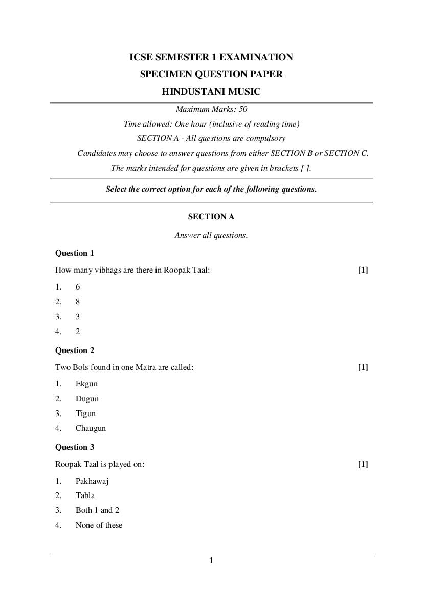 ICSE Class 10 Specimen Paper 2022  Hindustani Music Semester 1 - Page 1