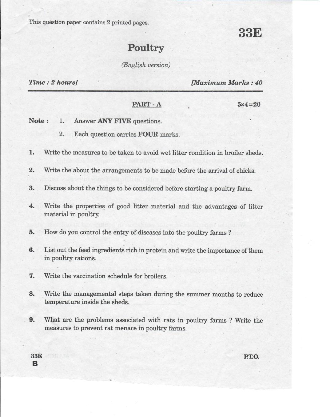 AP 10th Class Question Paper 2019 Poultry (English Medium) - Page 1