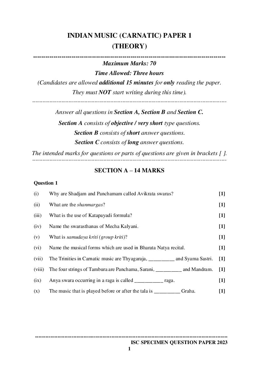 ISC Class 12 Sample Paper 2023 Indian Music Carnatic - Page 1