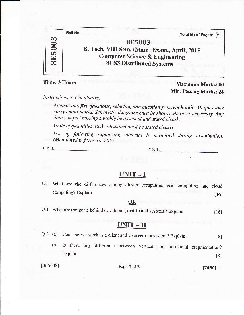 RTU 2015 Question Paper Semester VIII Computer Science and Engineering Distributed Systems - Page 1