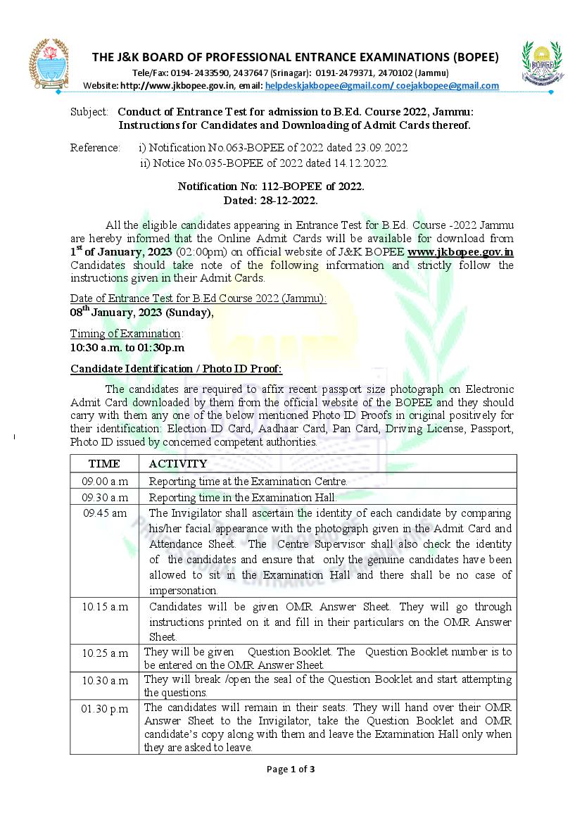 Jammu and Kashmir B.Ed 2023 Admit Card Notice