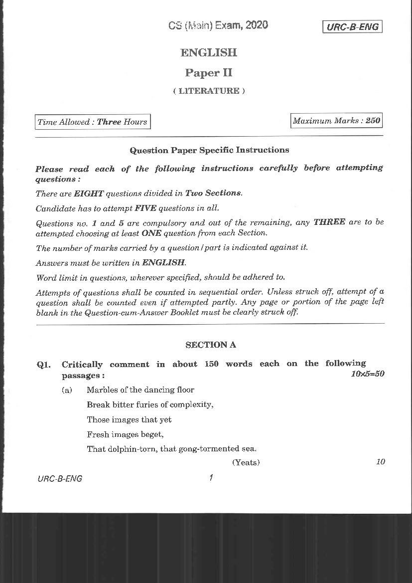 UPSC IAS 2020 Question Paper for English Literature Paper II - Page 1