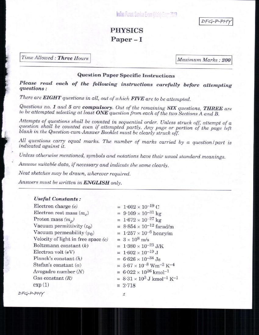 UPSC IFS 2019 Question Paper for Physics Paper-I - Page 1