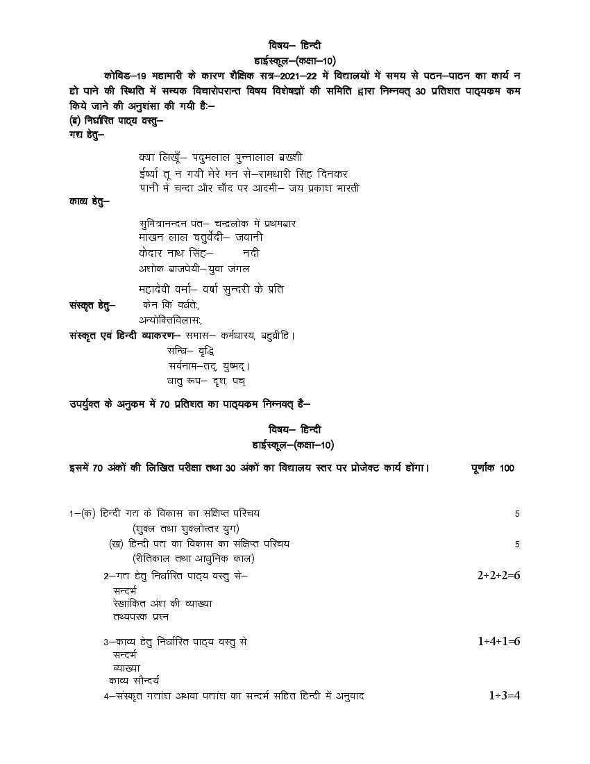 UP Board Class 10 Syllabus 2022 Hindi - Page 1