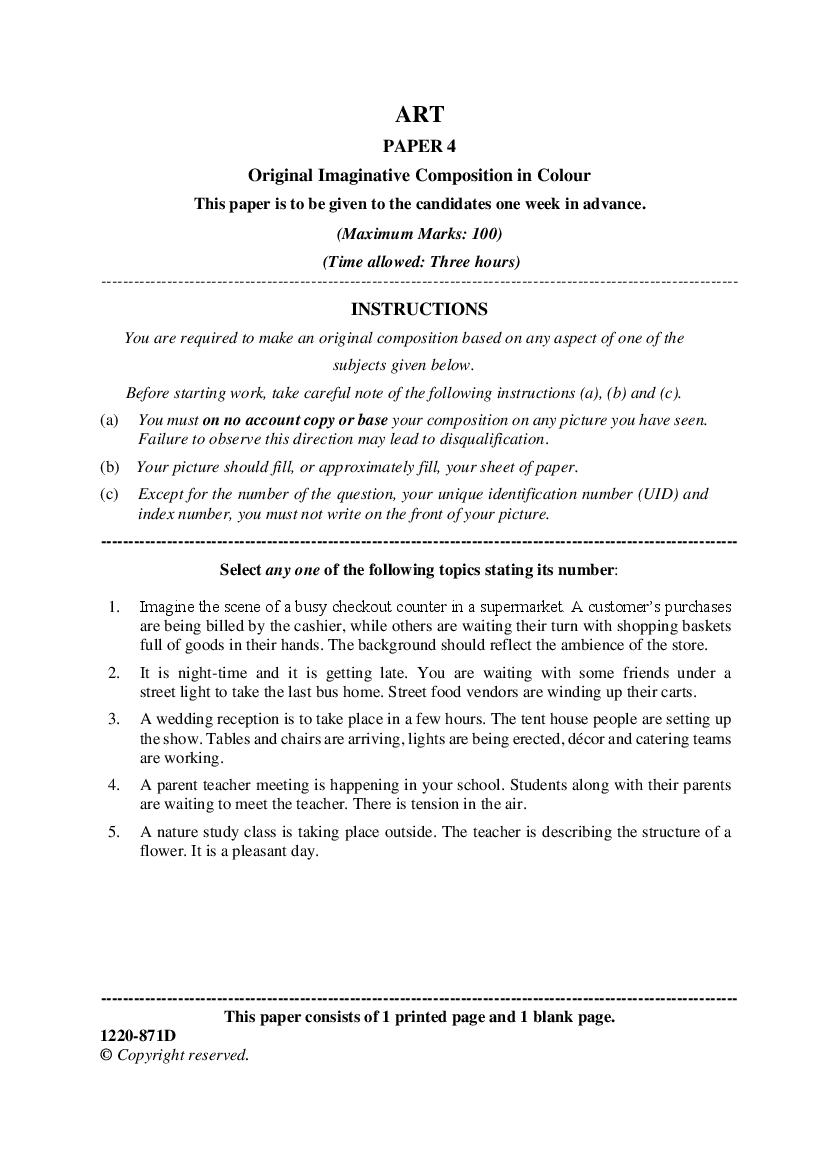 ISC Class 12 Question Paper 2020 for Art Paper 4 - Page 1