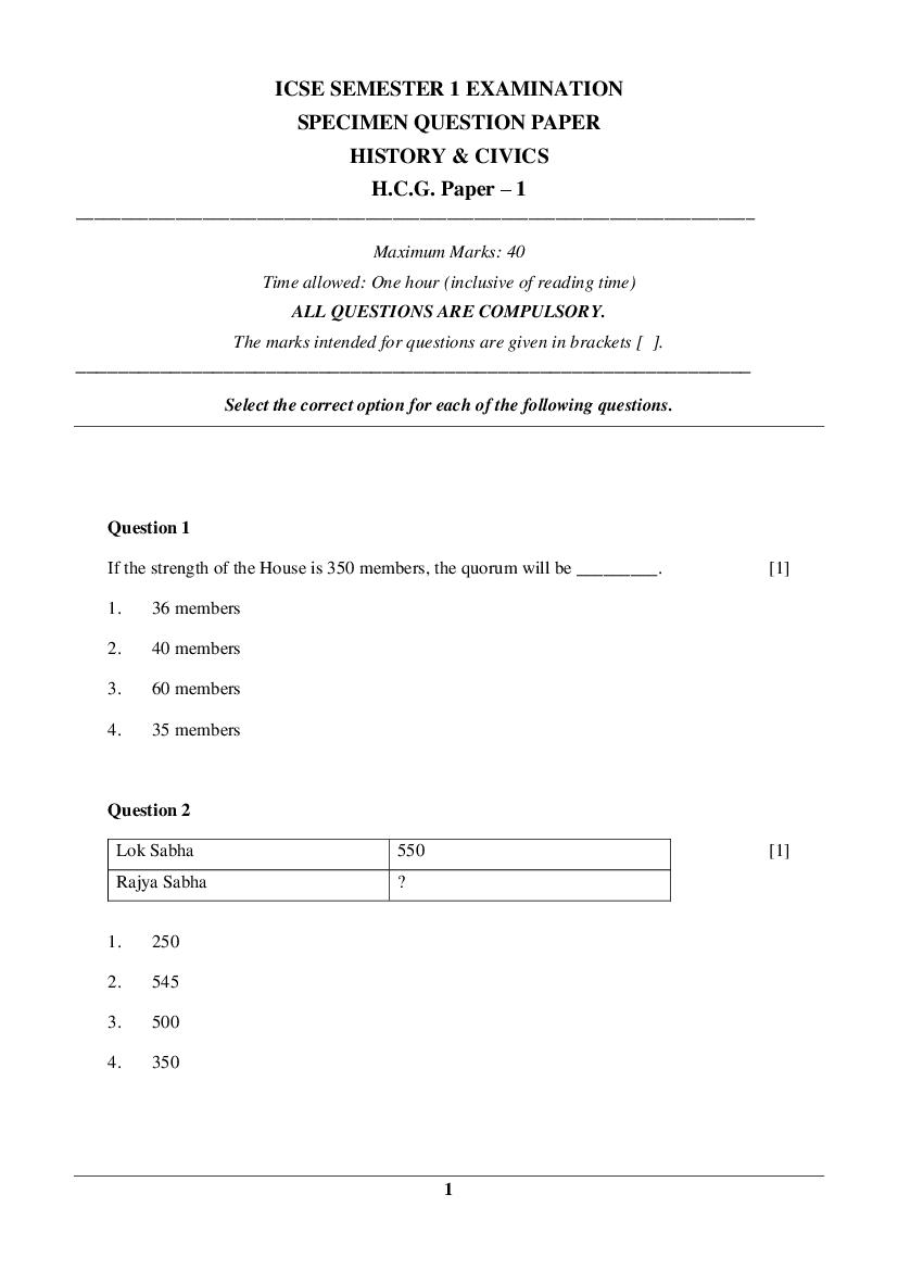 ICSE Class 10 Specimen Paper 2022  History Civics Semester 1 - Page 1